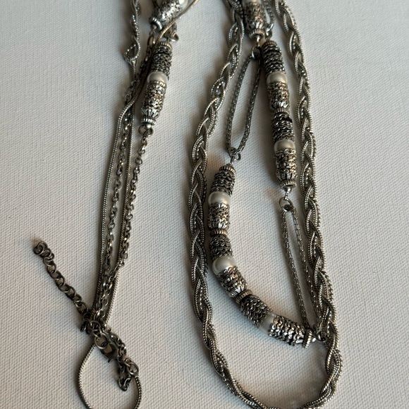 Silver Tone Chain and Faux Pearl layered Necklace with Organic Design - Picture 15 of 15